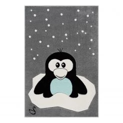 Svanhilde Tapis enfant Pingouin Elliot - Microfibre - Gris / Noir