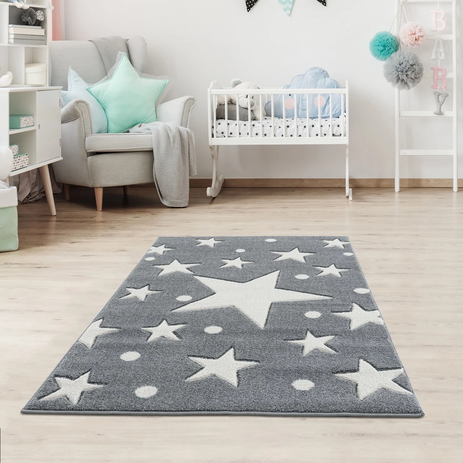 Happy Rugs Tapis enfant Estrella - Fibres synthétiques - Gris clair / Blanc - 100 x 160 cm 2 Happy Rugs Tapis enfant Estrella - Fibres synthétiques - Gris clair / Blanc - 100 x 160 cm – Image 2