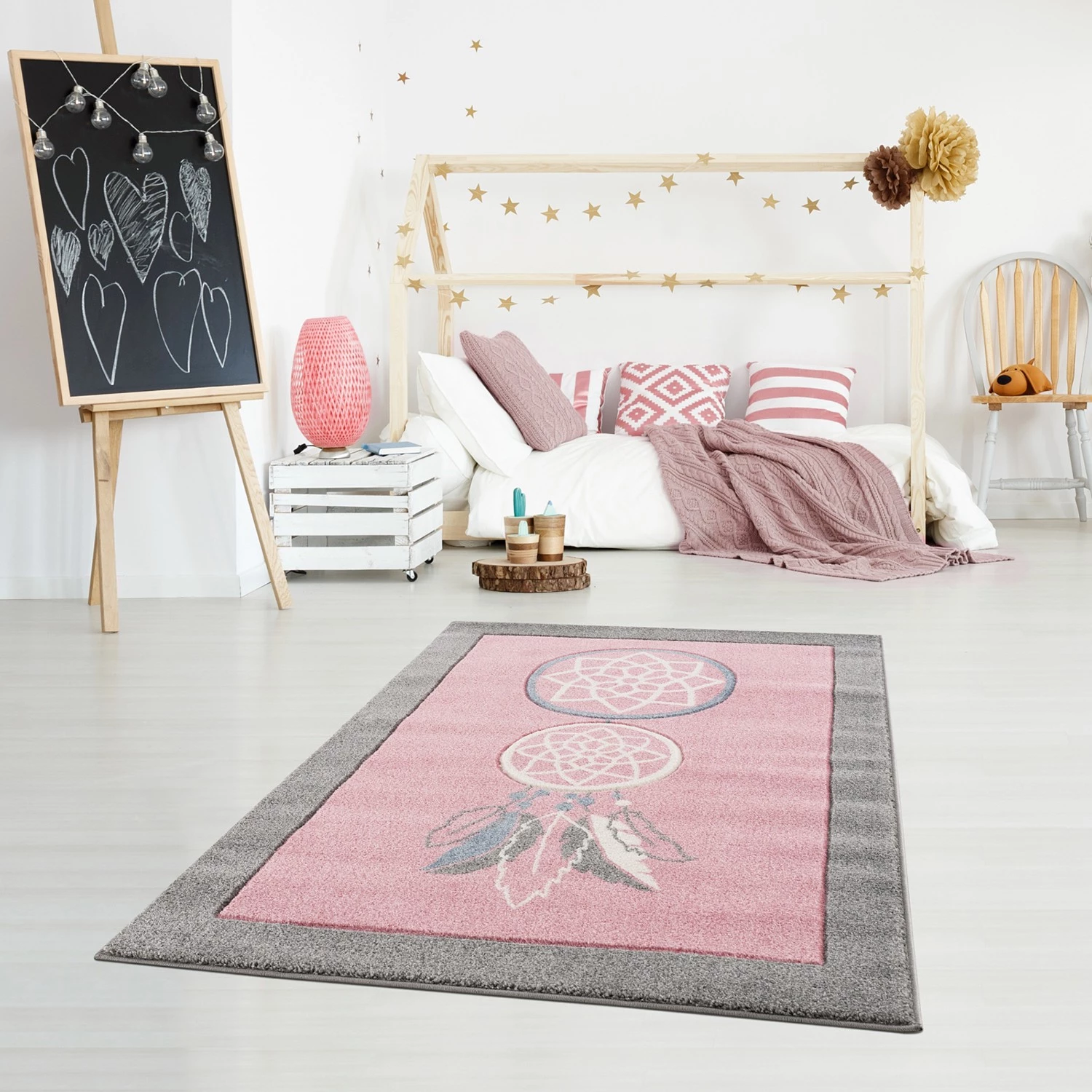 Happy Rugs Tapis enfant Attrape-rêves - Fibres synthétiques - Rose / Gris clair 2 Happy Rugs Tapis enfant Attrape-rêves - Fibres synthétiques - Rose / Gris clair – Image 2