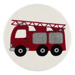Tapis enfant Soldes 33 Happy Rugs Tapis enfant rond Camion de pompier - Fibres synthétiques - Rouge / Crème